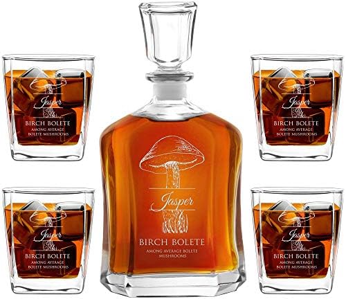 MAVERTON Whisky Carafe + 4 copos com gravura - 23 fl oz. Spirits clássicos Decanter for Man - Whisky elegante para ele - para aniversário - conjunto personalizado para conhecedor - cogumelo