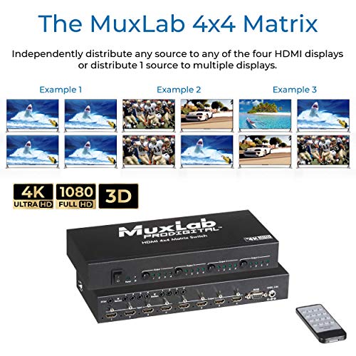MUXLAB 4x4 HDMI Matrix Switch/Splitter com controle remoto IR, | Suporta Ultra HD 4K x 2k@30Hz, 3D, HMDI 1.4 & Deep Color