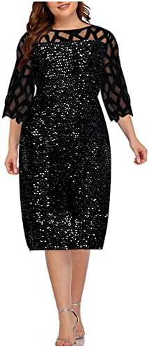 Vestidos de lantejoulas femininos Plus Tamanho 3/4 Sleeve Sparkle Glitter Dress Dress Lace Hollow Splicing Mini Bodycon vestidos