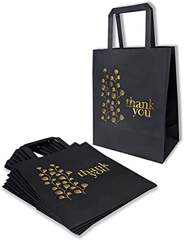 Agradecemos as sacolas em massa com pacote de alças planas de 50, sacos de papel pretos kraft com imagem de carimbo de folha de ouro tamanho médio 10x 4,75 x 8 polegadas