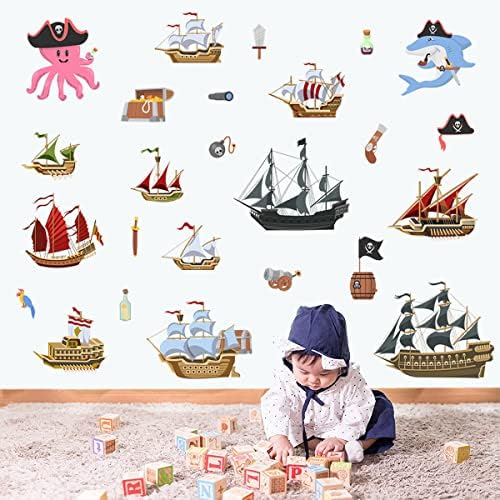 Mekdar Y-0805 Decalques de parede de navios piratas removíveis, adesivos de veleiro de barcos de madeira, DIY Funny Ocean