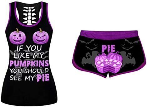 Trajes de 2 peças de Halloween para mulheres engraçadas de pijama de abóbora conjuntos de cosplay tampas de tanques racerback racha