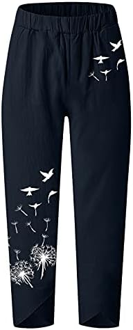 Wybaxz 2023 Fashion Palazzo calças com bolsos Capri para mulheres calças de linho de algodão imprimido Summer de perna larga de perna larga