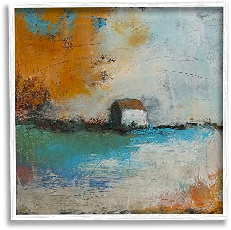 Stuell Industries Abstract Country Farmhouse Landscape Orange Blue Sky, projetado por Judi Bagnato Branco emoldurado Arte, 17 x 17,