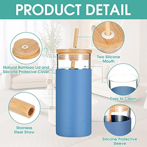 6 Conjunto de 20 onças de vidro com tampas de bambu e xícaras de café geladas de palha com copos de palha reutilizáveis ​​de