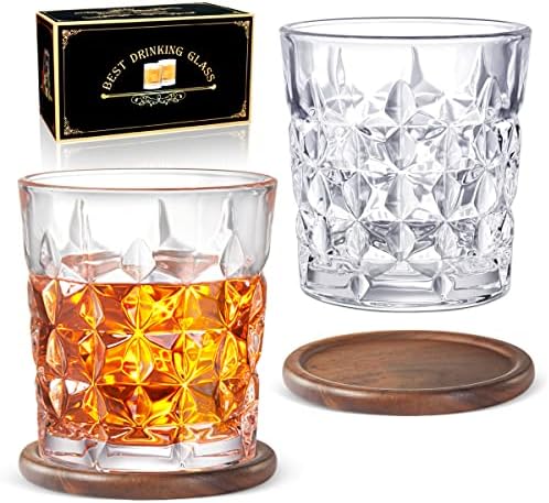 ANBFF Whisky Glasses Conjunto de 2, vidro de 11 onças de cristal, copos de copos de bebida premium com montanhas -russas de 2pcs
