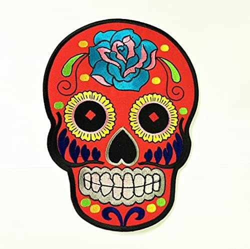 8 polegadas de grande remendão do crânio de açúcar de açúcar tatuagem Tatuagem vermelha do dia mexicano das flores azuis mortos AZTEC EXPOURADO FERRO DE CAPA ON TRENDY BODERIDO DESIGNADORIA APPLIGE DE APPLIGE DE APPLIC