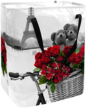 Paris Eiffel Tower com bicicleta Rose Print Collapsible Laundry Horse, 60l de lavanderia à prova d'água de lavagem de roupas