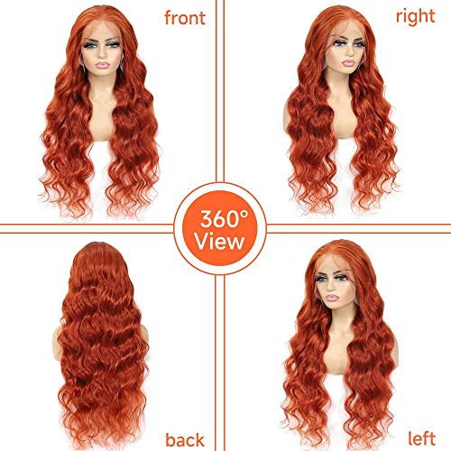 Gengibre laranja renda frontal perucas humanas cabelos de cabelo pré -arrancado com cabelos para bebês onda de corpo 13x4 hd renda
