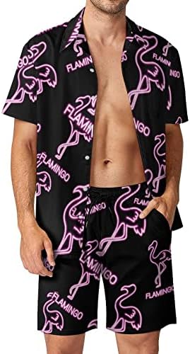 Flamingo Neon Light Men 2 Peia Roupas de praia Button Hawaiian Camisa de manga curta e ternos de shorts