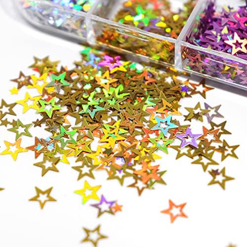12 Cores Star Nail Art Glitter lantejas, designs de flocos de unhas em estrela de cinco pontas, suprimentos holográficos de arte holográfica a laser oca de estrela para mulheres Manicure Decorações de brilho, artesanato de maquiagem corporal DIY