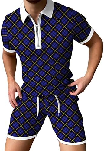 Roupas masculinas de 2 peças roupas masculinas primavera/verão zíper curto com lapela estampa xadrez casual de couro