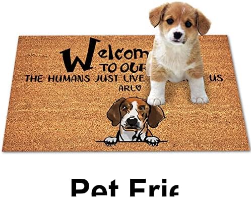 Bem -vindo à nossa casa, os humanos apenas moram aqui conosco no tapete da porta de bigão com o nome de cão personalizado