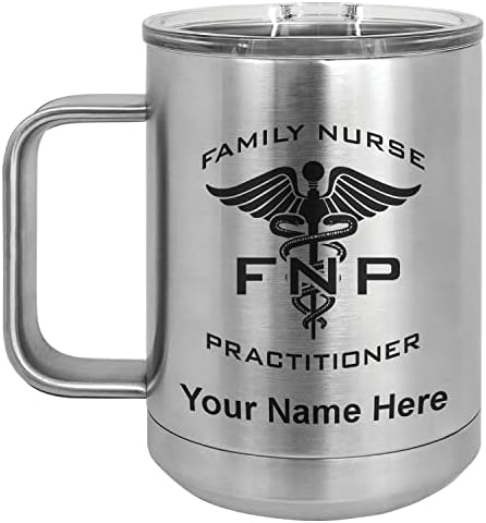 Caneca de café isolada a vácuo de 15 onças, FNP Family Nurse FRATIONADOR, gravura personalizada incluída