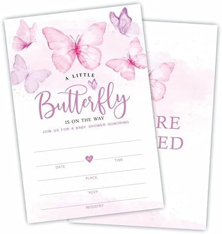 Convites de chá de bebê de borboleta rosa e rosa, 25 cartões de convite de preenchimento com envelopes, convite de