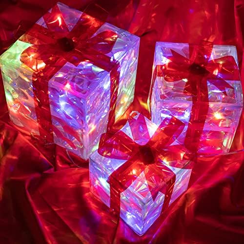 Conjunto Hourleey de 3 caixas de presente iluminadas de Natal, 60 LED de 60 LED Caixas presentes Decorações de ornamentos para