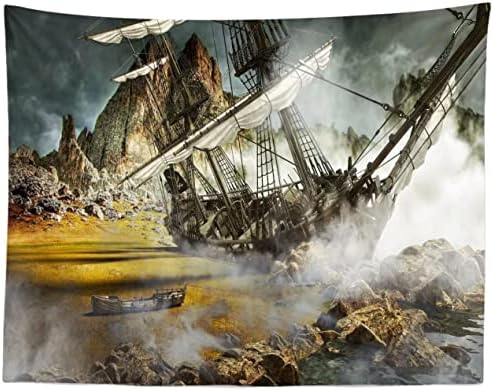 BELECO 10x8ft Tecido pirata antigo navio panfão para fotografia Ocean Island Caribe Mountain Rocks Sky Sky Background Pirate Party Decorações de Halloween Decoração infantil Infres