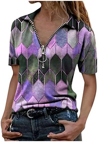 NYYBW Summer Tops Collar T-shirt curto zíper feminino Moda de lapela feminina Manga impressa Blusa feminina camisetas