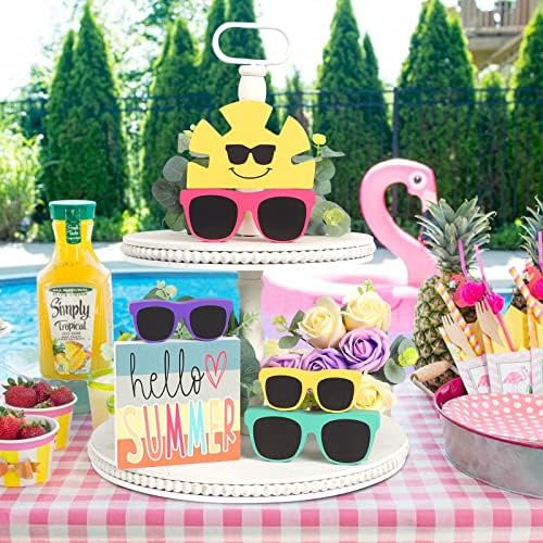 Dazonge Summer Decor - 6 PCs Decoração rústica de bandeja em camadas de verão - Olá, óculos de sol de verão, decorações