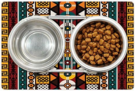 Ambesonne Kente Pattern Pet tapete para alimentos e água, bordas verticais inspiradas em culturas atemporais de design geométrico, tapete de borracha não deslizante para cães e gatos, 18 x 12, multicolor