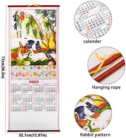 Ano novo chinês Scroll, 2023 Ano do calendário da parede de coelho, calendários chineses, calendário de coelho, calendário suspenso
