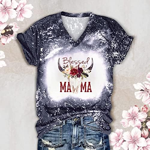 Feliz Dia das Mães T-shirt Mulheres Floral Mama Letter Tops Casual Manga curta V Camisas branqueadas de pescoço blusa