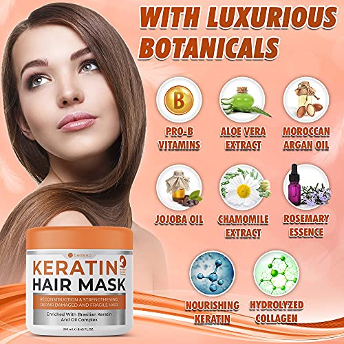 Bellisso Keratin Hair Mask - Tratamento de condicionador hidratante para cabelos danificados e massageador de couro cabeludo e escova de shampoo úmido - lavador de cabelo macio de silicone