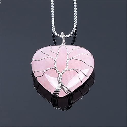 Árvore da vida em forma de coração Amethyst Rose Quartz Gemito de pedra natural Pingente de colar de pingente embrulhado Love Heart