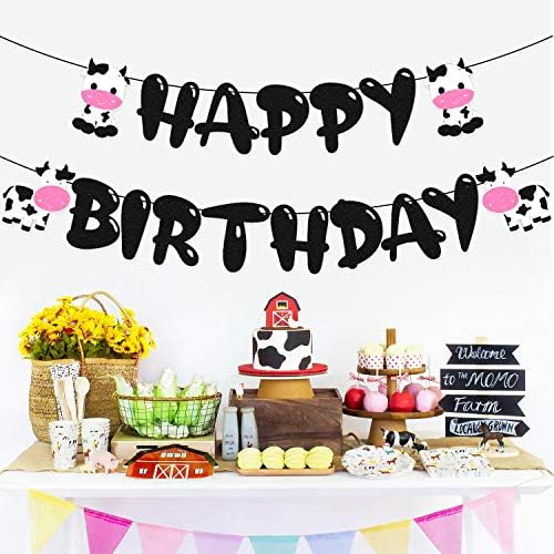 Banner de aniversário de vaca Feliz aniversário, sinal da guirlanda para crianças menino de menino de menina de garotas de vaca zoológico com tema de animal primeiro 2º 3º Brão de festas de festas Glitter Black Decorações