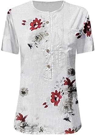Camiseta de verão feminina Top-shirt linho causal henley camisetas florais túnicas estampadas fofas de camiseta 2023
