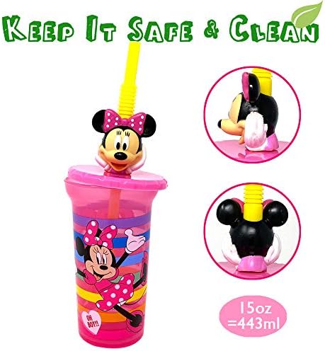 Disney Minnie Buddy bebe tumblers de água com bebida de palha de caráter 3D - BPA GRATUITO, FÁCIL DE LIMPE