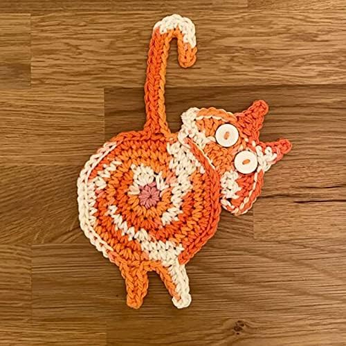 Coasters de Butt de gato, Cat Butt Crochet Drink Coaster Handmade Crochet Absorvent Bar Coasters para decoração de escritório em