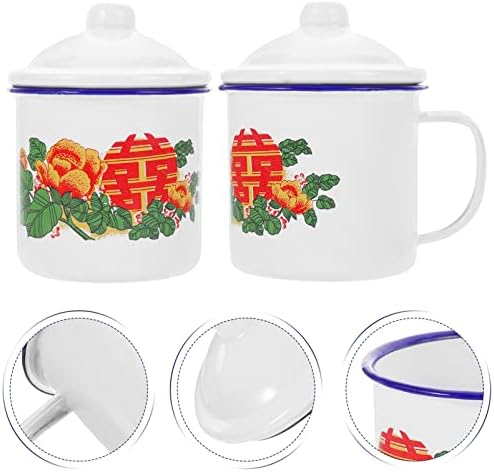Cabilock 2pcs canecas de esmalte chinês com tampas de canecas de café retrô bebendo xícaras de chá de esmalte à prova de xícara de chá para o escritório em casa 350ml