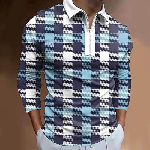 BEUU 2022 Novos camisas pólo masculinas, manga comprida 1/4 zíper para o pescoço tampo de golfe de gola xadrez camisa casual
