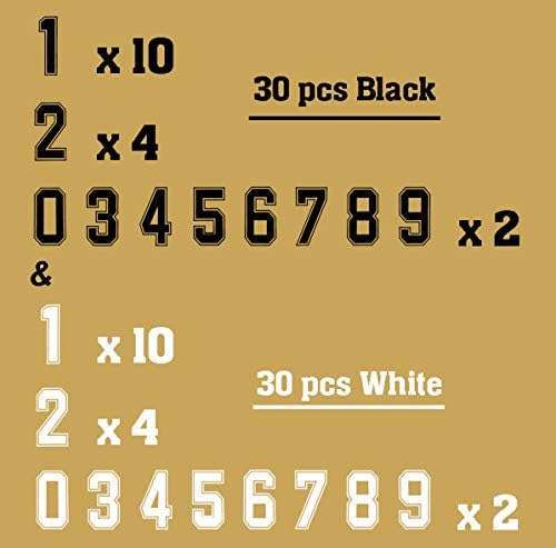 Ferro de 60 pacotes em números para personalização de camisa, 8,5 polegadas de transferência de calor DIY Kit para camisas esportivas coletivas, preto e branco