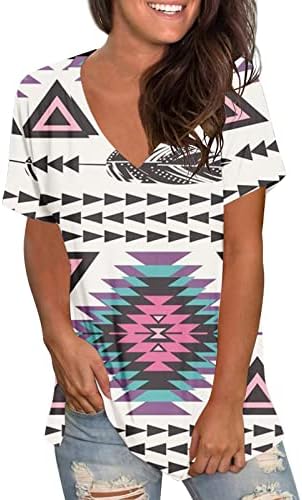 Camisetas gráficas femininas Blushs de manga curta solta Tops Ocidental astecas geométricas de impressão vil de pescoço 2023
