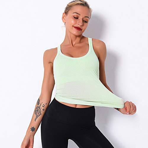 Women Freamless Workout Tank Tops Camisola atlética de ginástica com nervuras com sutiã embutido