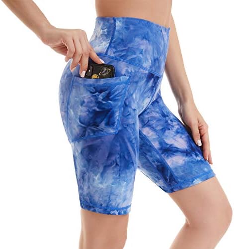 Shorts de motociclista feminino com bolsos 8 High Workout Yoga Tie Tye Dye Soft Spandex Athletic Bicycle Shorts para correr
