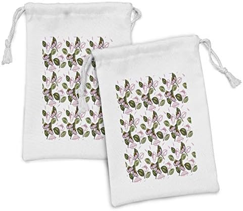 Conjunto de bolsas de tecido de Ambesonne Hawaii de 2, flores retrô desenhadas à mão e folhas em fundo liso, pequeno saco de cordão para máscaras e favores de produtos de higiene pessoal, 9 x 6, rosa seco verde