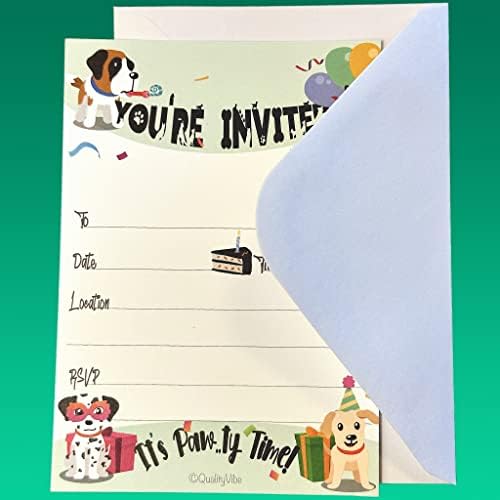 25 convites de aniversário com envelopes, preencha o estilo que você é convidado, convites temáticos de cachorros, com 4 filhotes,