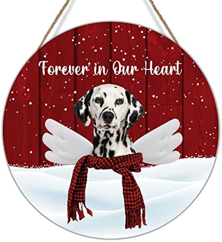 Cão de grinaldas da porta da frente de Natal no céu para sempre em nosso coração cão de búfalo vermelho búfalo de madeira com asas de madeira de madeira
