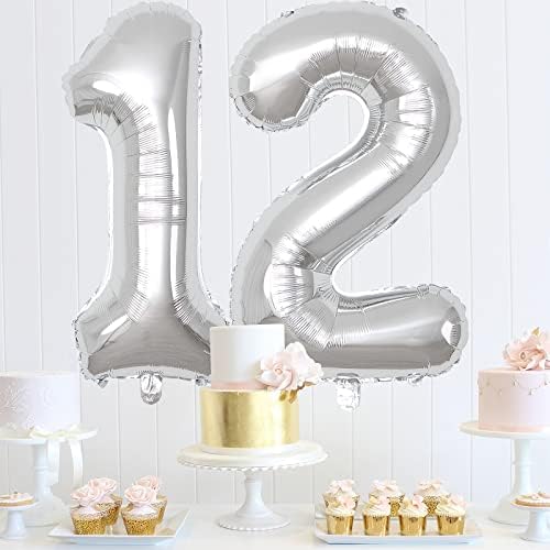 Balões de número de 40 polegadas 12, alumínio de hélio prateado número 12 balões, balão de balão de grande balão para a festa de aniversário de meninos, casamento, material de decoração de aniversário suprimentos