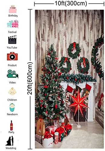 10x20 pés lareira de natal foto cenário de festa de natal decoração banner de natal árvore de pinho grinaldas vermelhas estrela de madeira fundo de parede de madeira