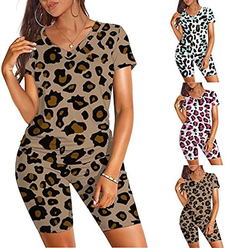 Balakie Duas peças roupas para mulheres camuflagem leopardo de manga curta v biker shorts de pescoço conjuntos de exercícios