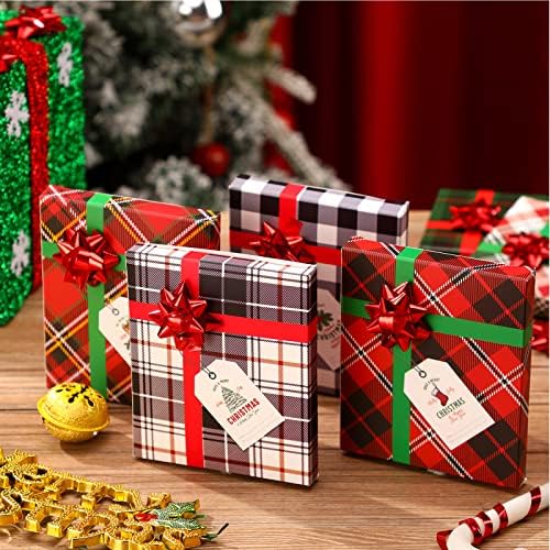 Gersoniel 12 peças Caixa de presente de Natal de Natal Buffalo Plaid Presente titular de cartão com arco vermelho Caixas