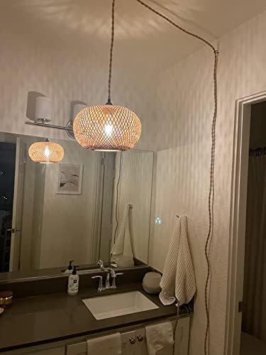 Conecte as luzes penduradas pendentes com luzes penduradas com lâmpada pendurada de bambu de cordão com interruptor diminuído, lâmpada de vime Boho de tecido, conecte a luminária de teto para a cozinha do quarto da sala