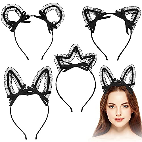 Naihod 4pcs doce renda preta gato orelhas para a cabeça para meninas coelho de coelho bandas de cabelo faixas de metal finas