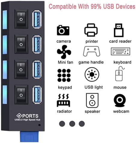 Hub USB 3.0 de 4 portas com interruptores de energia LED individuais