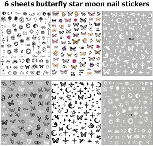 6 lençóis adesivos de arte preto branca preta, decalques de unhas da lua estrela 3D suprimentos de arte de unhas auto-adesivas Butterfly Star