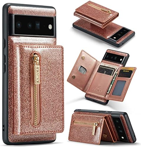 Caixa de proteção do telefone 2 em 1 Caixa de carteira de glitter destacável para o Google Pixel 6 Pro, capa de telefone de couro brilhante,
